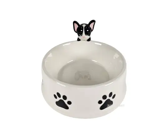 Click Here To Enlarge This Photo Of Dog Squad French Bulldog On Rim Ceramic Pet Food Water Bowl